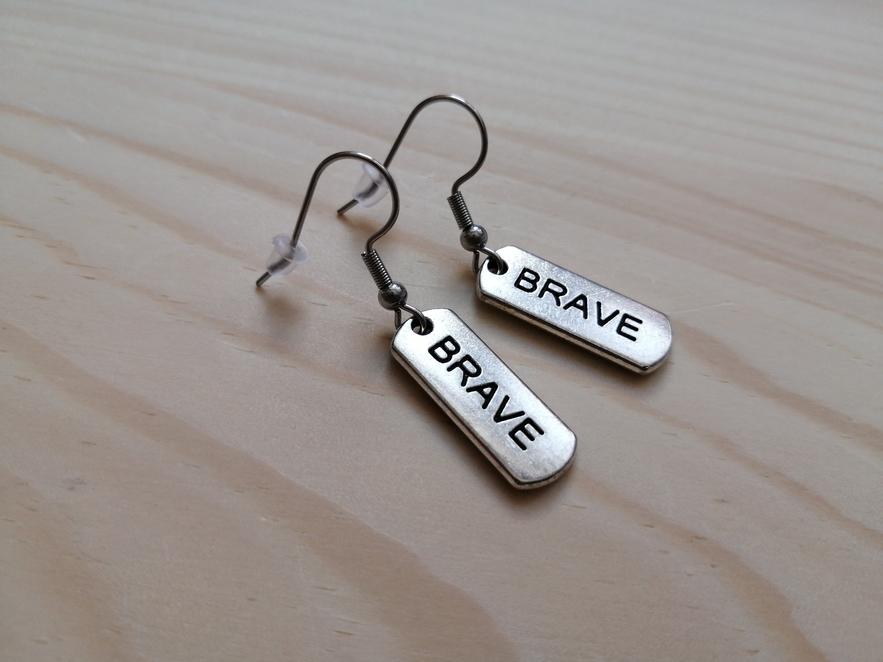 Brave Earrings Silver charm earrings inspirational word Etsy