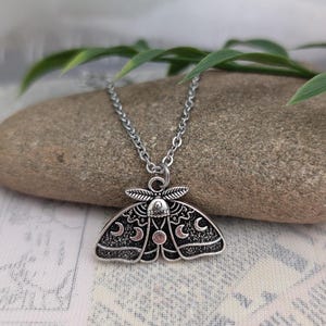 Luna moth necklace- hypoallergenic stainless steel chain, moon phase celestial silk moth goth naturalist insect unique gift  boho chic
