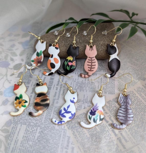 Elegant cat earrings- Hypoallergenic gold plated charms and hooks, 10 styles, cat lover gift, crazy cat lady jewelry, lightweight and fun
