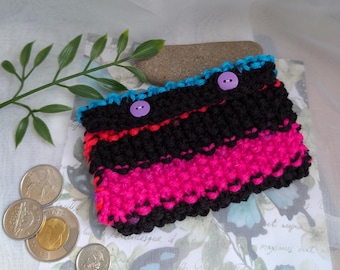 Knit coin purse- 2.75"x5" small neon pouch with purple buttons, money bag, card holder, lipstick pouch, unique, funky change purse for women