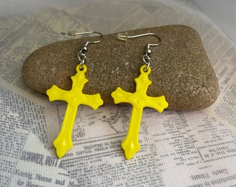 Yellow cross earrings- plastic charms on stainless steel earring hooks, hypoallergenic