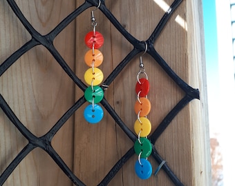 Rainbow button earrings- Colorful plastic buttons on stainless steel earring hooks, hypoallergenic