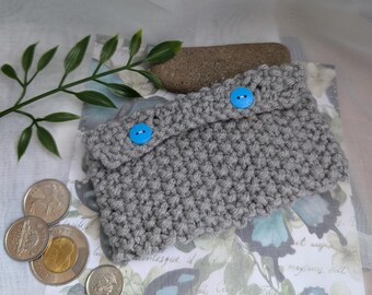 Knit coin purse- 2.75"x5" small grey pouch with blue buttons, money bag, card holder, lipstick pouch, unique, funky change purse for women
