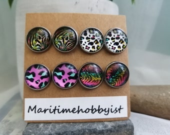 4pk stud earrings- 4 pairs of 12mm 90's vibe cheetah print and zebra print cabochon stainless steel studs, hypoallergenic