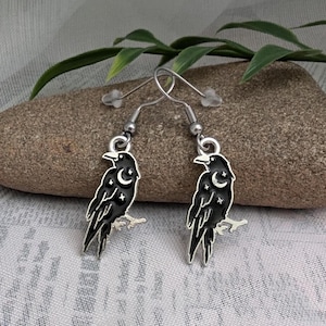 Crow earrings- silver plated enamel charms hypoallergenic stainless steel hooks, black bird raven moon celestial dainty lightweight jewelry