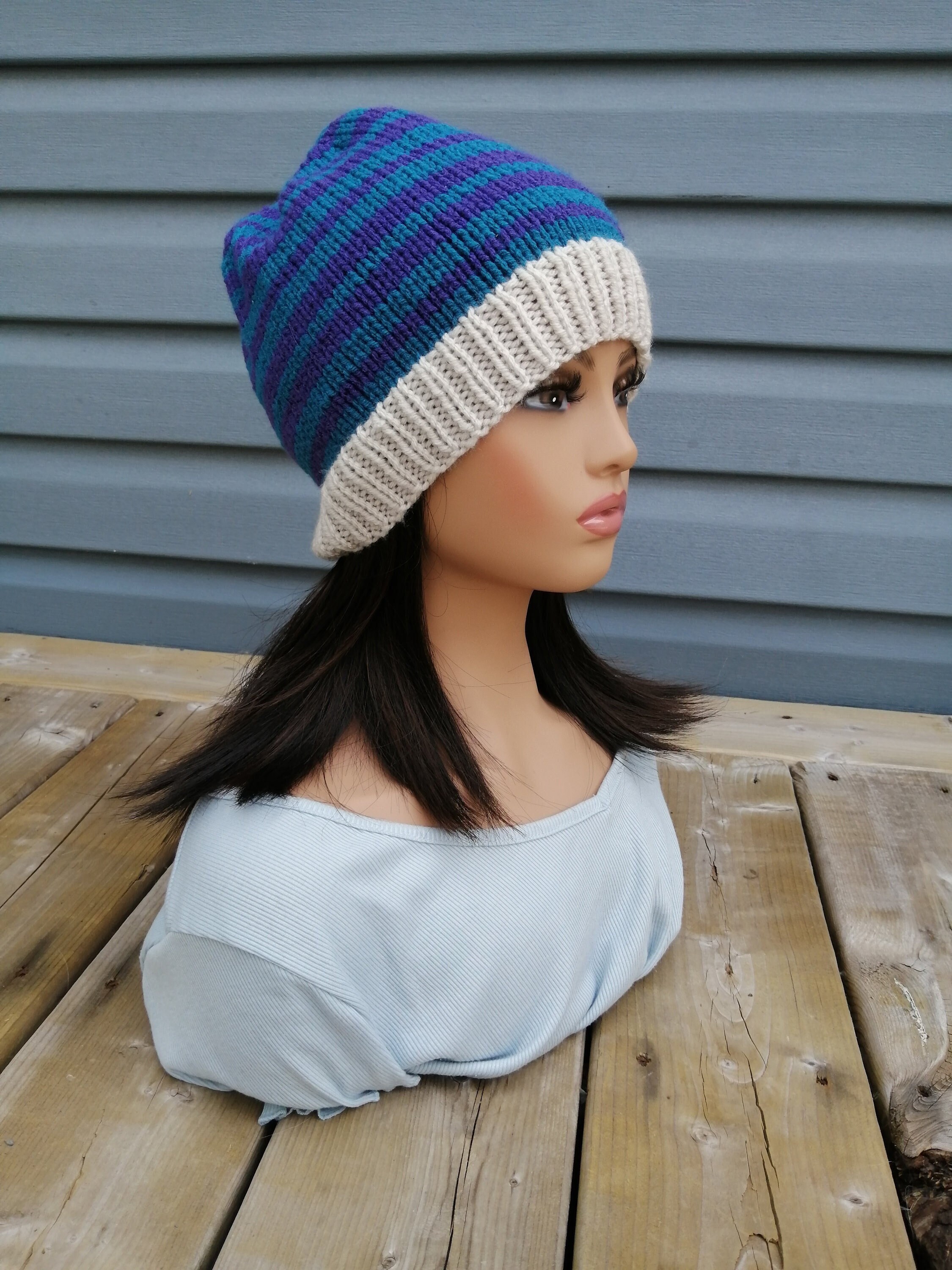Cream Wool Knit Beanie with Blue, Purple & Green Accents Warm, hand-knit beanie with stripes of cream, taupe, caramel  main image 4
