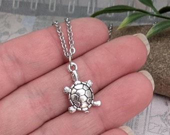 Turtle necklace- Silver plated charm on hypoallergenic stainless steel chain, 18-20" beach themed cute sea turtle jewelry for turtle lover