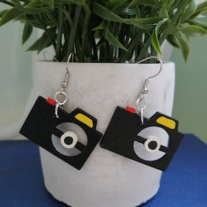 Camera earrings- Hand painted wooden pieces on stainless steel earring hooks, hypoallergenic