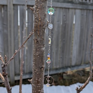 Celestial suncatcher/window hanging- mixed crystal chips holographic cabochons moon with reflective prisms , boho chic decor, gift for mom