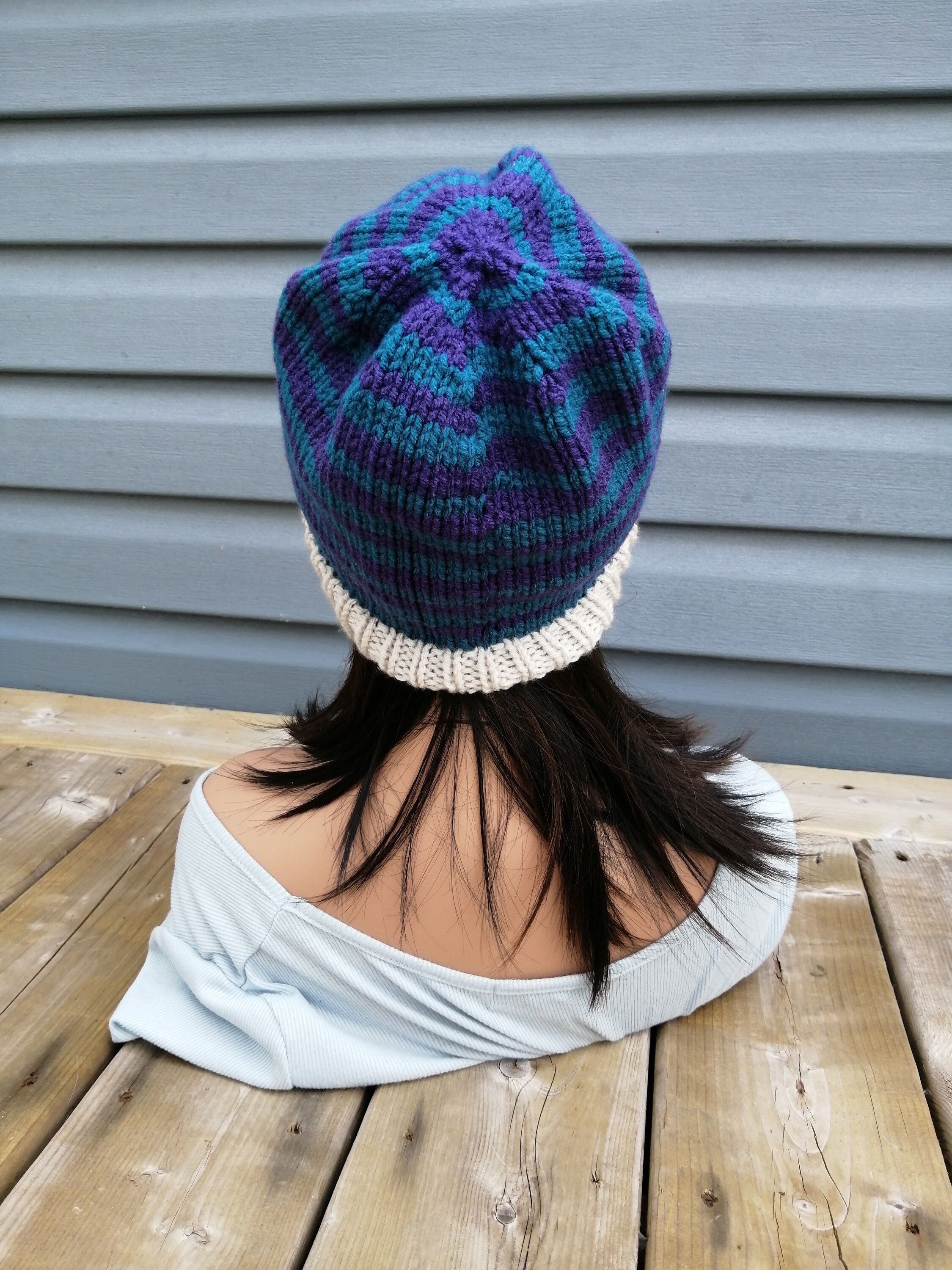 Cream Wool Knit Beanie with Blue, Purple & Green Accents Warm, hand-knit beanie with stripes of cream, taupe, caramel  main image 3