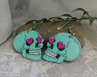 Skull earrings- Double sided acrylic teal/turquoise skulls with pink heart eyes charms on stainless steel earring hooks, hypoallergenic