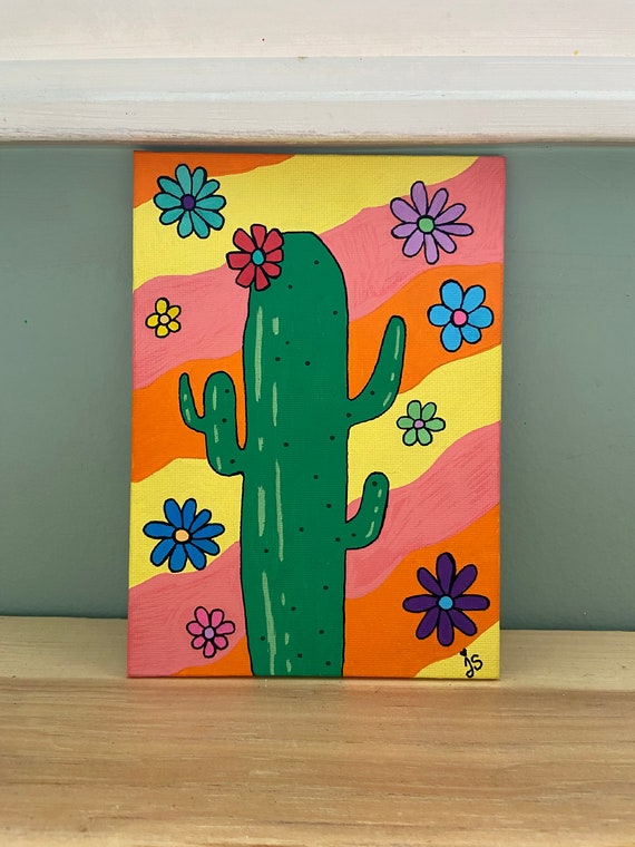 Trippy Cactus Painting 5x7 Acrylic Painting on Canvas Board