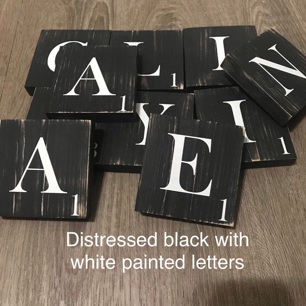 Scrabble Wall Tiles, scrabble letters, scrabble board wall, Family Name, wall letter, black, white, gray, big, distressed, rustic, 3.5, 5.5