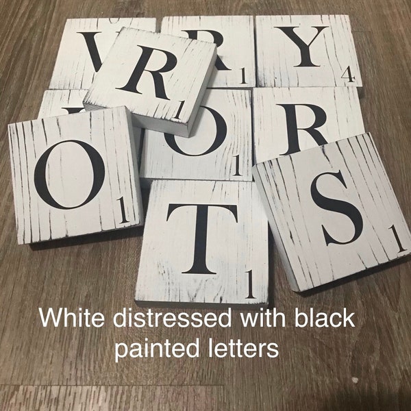 White distressed scrabble wall tiles, farmhouse scrabble letters, whitewashed, rustic, painted letters, black, gray, family scrabble wall