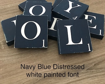 Navy Distressed Scrabble Wall Tiles, Painted Wood Letters