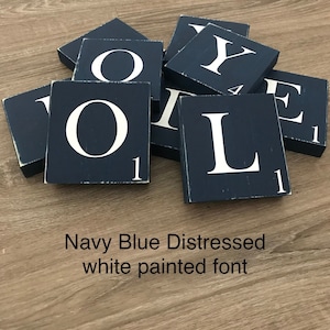 Navy blue distressed scrabble tiles, painted letters, Scrabble Wall, distressed, Scrabble wall letter, brown, white, gray, cream, big