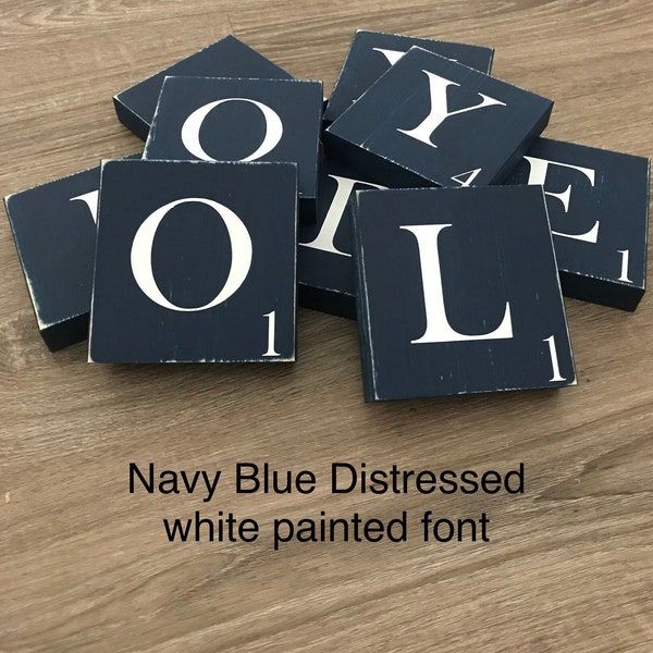 Navy blue distressed scrabble tiles, painted letters, Scrabble Wall, distressed, Scrabble wall letter, brown, white, gray, cream, big