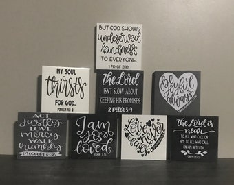 Religious bible sign, mini sign, block sign, Christian sign, religious gift, scripture, white, gray, black, farmhouse, Christian gift
