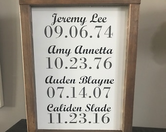 Birthday date sign with names, Family name and birthday sign, kid birthday, grandma sign, mom sign, personalized, framed, gift