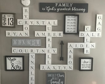 Hand painted Scrabble Wall Tiles, scrabble letters, scrabble wall art, Family Name, Scrabble wall letter, black, white, gray, big, 3.5, 5.5