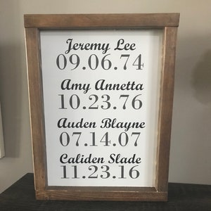 Birthday date sign with names, Family name and birthday sign, kid birthday, grandma sign, mom sign, personalized, framed, gift