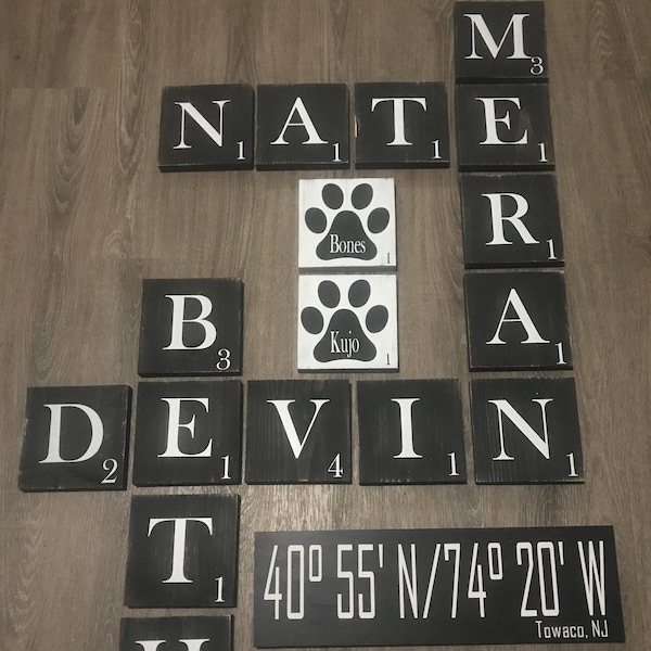 Distressed Black White Scrabble, Scrabble Wall Tiles, wall art, rustic scrabble, barnwood, personalized, wood letters, name, family
