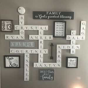 Hand painted Scrabble Wall Tiles, scrabble letters, scrabble wall art, Family Name, Scrabble wall letter, black, white, gray, big, 3.5, 5.5
