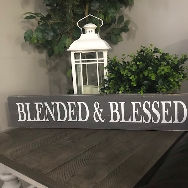 Blended and Blessed sign, blended family, 5.5x30 inch, wood sign, distressed, farmhouse, Gallery wall, horizontal sign, white, gray, black