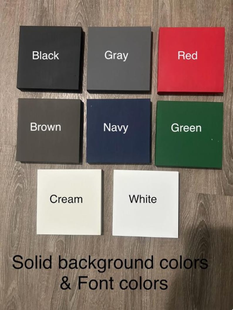 May include: A collection of square color swatches in black, gray, red, brown, navy, green, cream, and white. Each swatch has a corresponding color name in white text. The image also includes the text "Solid background colors & Font colors."
