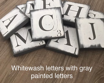 Scrabble Wall whitewashed letters, distressed, scrabble wall, wall letters, family name, Hand painted, black, gray, white, 3.5, 5.5