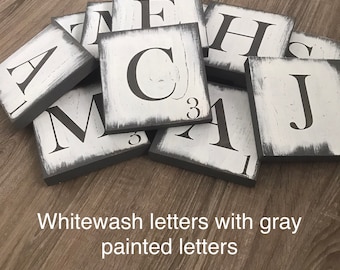 Whitewashed Scrabble Wall Letters, Distressed Family Name Tiles