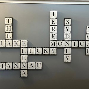 Scrabble family wall , 5.5" and 3.5” wood tiles blocks, crossword puzzle wall, whitewashed personalized family wall set, kid names,