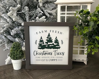 Letrero de madera de granja de árboles de Navidad, decoración rústica navideña