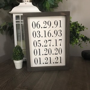 May include: A framed wooden sign with black text on a white background. The text reads "06.29.91 03.16.93 05.27.17 01.20.20 01.21.21".