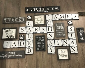 Scrabble Wall Tiles, distressed white scrabble, scrabble wall art, scrabble letters, Gallery Wall, Hand painted, black, gray, big, 3.5, 5.5