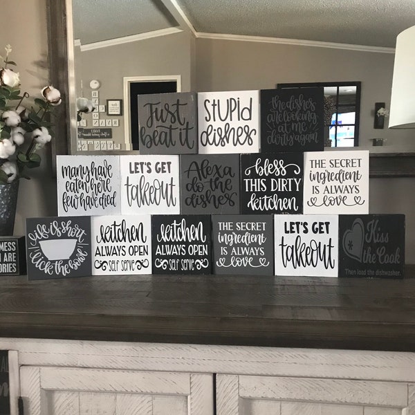 Small Kitchen signs, farmhouse kitchen, gray, black, white, distressed, rustic, funny kitchen, shelf sitter, tier tray, countertop sign