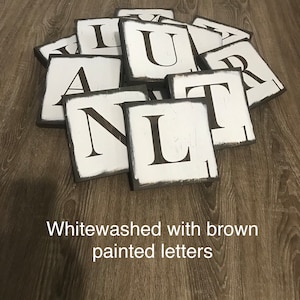 Painted letters Scrabble wall, whitewashed tiles, black, brown, white, gray, blue, cream, white, distressed, NOT VINYL