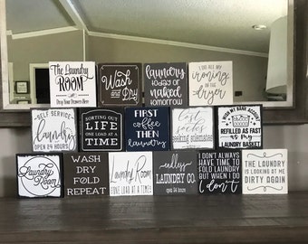 Small laundry signs, Laundry shelf decor, mini signs, washer and dryer decor, rustic laundry, funny laundry, farmhouse, black, white, gray,