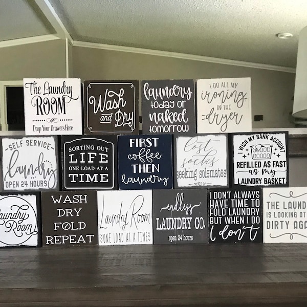 Small laundry signs, Laundry shelf decor, mini signs, washer and dryer decor, rustic laundry, funny laundry, farmhouse, black, white, gray,