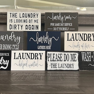 Laundry shelf signs, Laundry shelf decor, mini signs, washer dryer decor, small signs, laundry room decor, brown, black, white, navy, gray