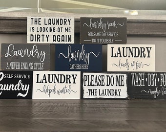 Laundry shelf signs, Laundry shelf decor, mini signs, washer dryer decor, small signs, laundry room decor, brown, black, white, navy, gray