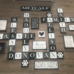 Large scrabble tiles wall, multicolored scrabble letters, wood letters, wood tiles, family, black, gray, white, distressed, crossword wall