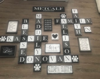 Large scrabble tiles wall, multicolored scrabble letters, wood letters, wood tiles, family, black, gray, white, distressed, crossword wall