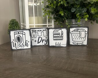 Wash Dry Fold Repeat Laundry Room Sign Set, Farmhouse Wood Shelf Sitter
