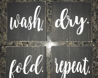 洗濯室用木製サインセット、ファームハウス風装飾、洗濯・乾燥・折りたたみ・繰り返し