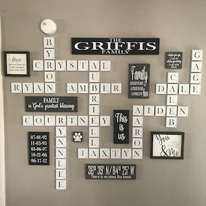 Large scrabble tiles wall, scrabble letters, wall art, wall decor, farmhouse, 5.5 tiles, wood letters, wood tiles, family, wall gallery, dog