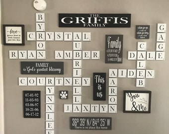 Large scrabble tiles wall, scrabble letters, wall art, wall decor, farmhouse, 5.5 tiles, wood letters, wood tiles, family, wall gallery, dog