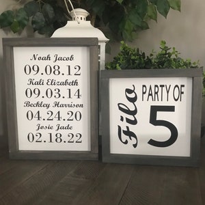 Set of 2 Personalized Date sign and party of sign, Birthday sign, last name sign, framed sign, wood, black, white, gray