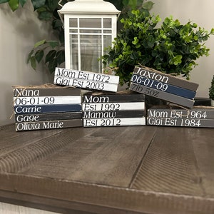 May include: Stacked wooden blocks with names and dates, including "Nana 06-01-09", "Mom Est 1972 Gigi Est 2003", "Mom Est 1992 Mamaw Est 2012", "Jaxton 06-01-09 7lb 5oz", and "Mom Est 1964 Gigi Est 1984".