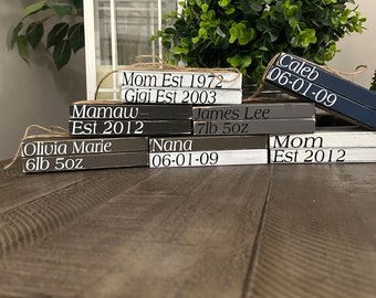 Farmhouse birth announcement stacked wood books, name, birthdate, weight, kids name, new mom gift, grandparent gift, nursery decor, shelf